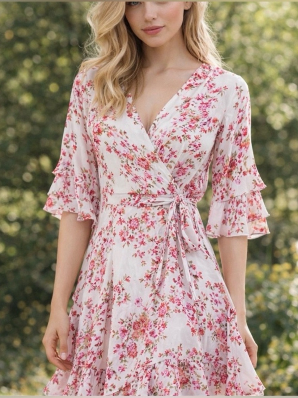 CALVIN KLEIN PINK 🌸FLORAL🌸 PRINT LIGHWEIGHT WRAP MIDI DRESS SIZE 6 🌟NWT🌟